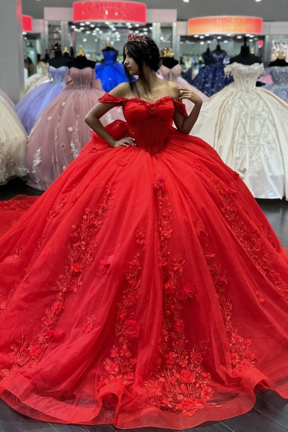 Red Floral Off The Shoulder Tulle Appliques Long Quinceanera Dress