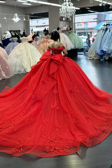 Red Floral Off The Shoulder Tulle Appliques Long Quinceanera Dress