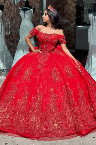 Sparkly Red Off the Shoulder Appliques Tulle Quinceanera Dress with Sequins