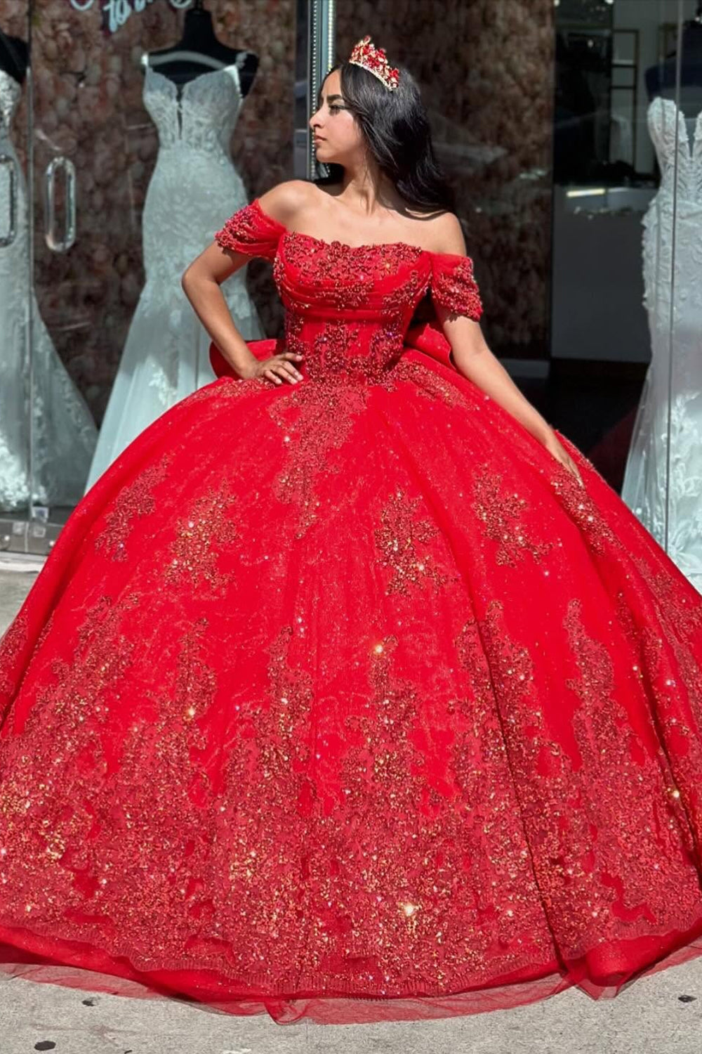 Sparkly Red Off the Shoulder Appliques Tulle Quinceanera Dress with Sequins