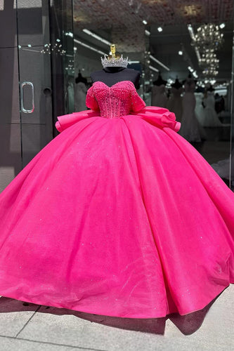 Sparkly Fuchsia Off The Shoulder Beaded Long Quinceanera Dress with Bow