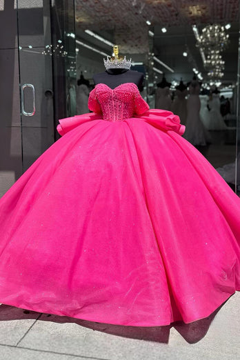 Sparkly Fuchsia Off The Shoulder Beaded Long Quinceanera Dress with Bow