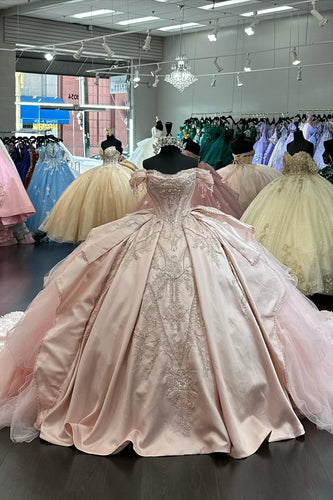 Sparkly Blush Off The Shoulder Appliques Beaded Quinceanera Dress with Bow