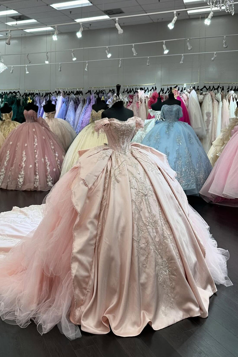 Load image into Gallery viewer, Sparkly Blush Off The Shoulder Appliques Beaded Quinceanera Dress with Bow