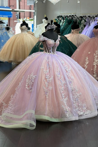 Sparkly Blush Off The Shoulder Ruffles Long Quinceanera Dress with Appliques