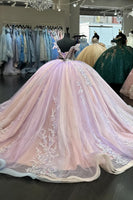 Load image into Gallery viewer, Sparkly Blush Off The Shoulder Ruffles Long Quinceanera Dress with Appliques