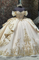 Load image into Gallery viewer, Apricot Sparkly Off The Shoulder Appliques Ruffles Quinceanera Dress with Sequins