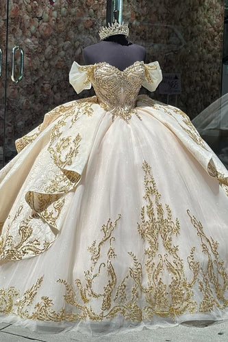 Apricot Sparkly Off The Shoulder Appliques Ruffles Quinceanera Dress with Sequins