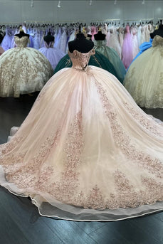 Blush Corset Off The Shoulder Tulle Ball Gown with Appliques