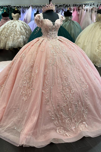Appliques Blush Square Neck Tulle Long Quinceanera Dress