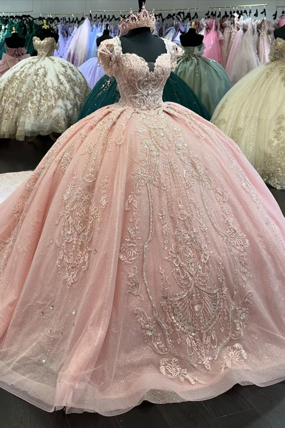 Appliques Blush Square Neck Tulle Long Quinceanera Dress