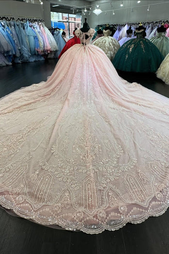 Appliques Blush Square Neck Tulle Long Quinceanera Dress