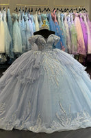 Load image into Gallery viewer, Sparkly Light Blue Off The Shoulder Ruffles Tulle Sequined Quinceanera Dress with Appliques