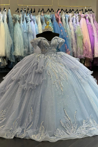 Sparkly Light Blue Off The Shoulder Ruffles Tulle Sequined Quinceanera Dress with Appliques