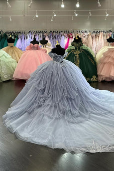 Sparkly Light Blue Off The Shoulder Ruffles Tulle Sequined Quinceanera Dress with Appliques