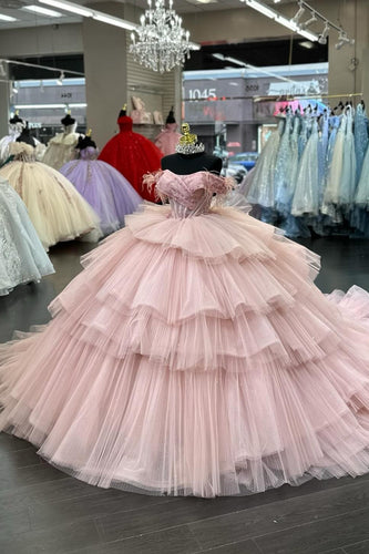 Blush Off The Shoulder Tiered Tulle Long Quinceanera Dress with Beaded