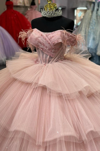 Blush Off The Shoulder Tiered Tulle Long Quinceanera Dress with Beaded