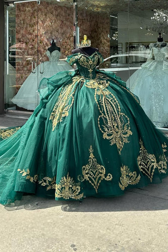 Corset Dark Green Off The Shoulder Tulle Quinceanera Dress with Appliques
