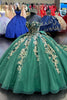 Load image into Gallery viewer, Dark Green Strapless Appliques Pleated Tulle Quinceanera Dress with Bow