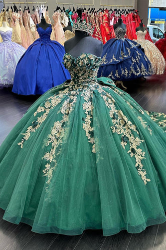 Dark Green Strapless Appliques Pleated Tulle Quinceanera Dress with Bow