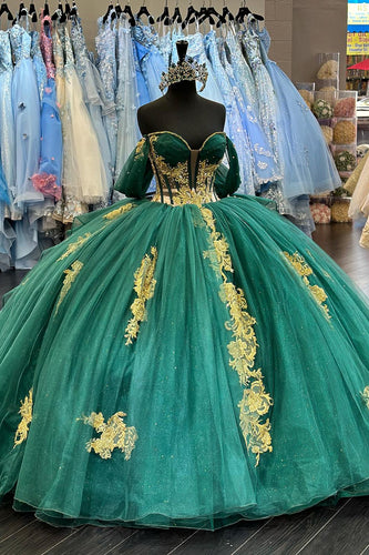Off The Shoulder Sparkly Dark Green Corset Tulle Quinceanera Dress with Appliques
