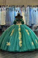 Load image into Gallery viewer, Off The Shoulder Sparkly Dark Green Corset Tulle Quinceanera Dress with Appliques