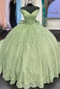 Load image into Gallery viewer, Green V Neck Appliques Tulle Long Quinceanera Dress with Bow