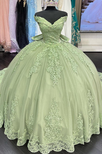 Green V Neck Appliques Tulle Long Quinceanera Dress with Bow