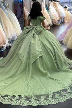 Green V Neck Appliques Tulle Long Quinceanera Dress with Bow