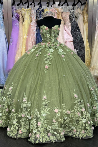 Appliques Strapless Sparkly Green Pleated Tulle Quinceanera Dress with Sequined