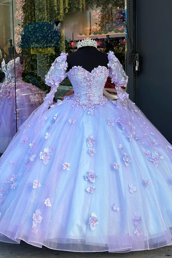 Strapless Sequined Corset Glitter Blue Lilac Quinceanera Dress with Appliques
