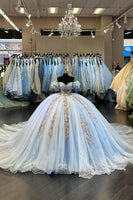 Load image into Gallery viewer, Light Blue Tulle Appliques Off The Shoulder Quinceanera Dress with Sequined