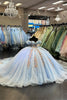 Load image into Gallery viewer, Light Blue Tulle Appliques Off The Shoulder Quinceanera Dress with Sequined