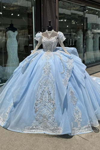 Glitter Light Blue Tulle Sequined Puff Sleeve Quinceanera Dress with Appliques