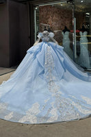 Load image into Gallery viewer, Glitter Light Blue Tulle Sequined Puff Sleeve Quinceanera Dress with Appliques