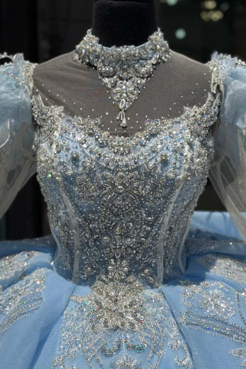 Glitter Light Blue Tulle Sequined Puff Sleeve Quinceanera Dress with Appliques