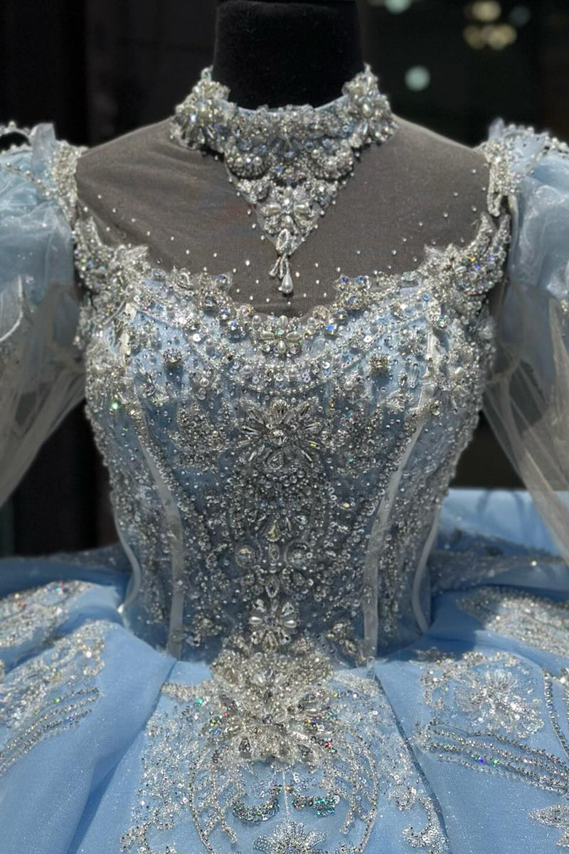 Load image into Gallery viewer, Glitter Light Blue Tulle Sequined Puff Sleeve Quinceanera Dress with Appliques