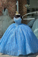 Load image into Gallery viewer, Corset Glitter Blue Strapless Beaded Quinceanera Dress with Appliques