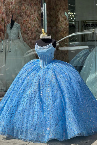 Corset Glitter Blue Strapless Beaded Quinceanera Dress with Appliques
