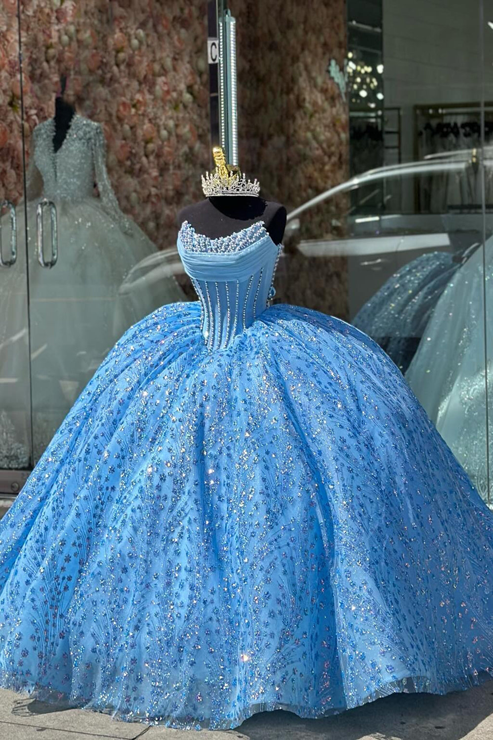 Corset Glitter Blue Strapless Beaded Quinceanera Dress with Appliques