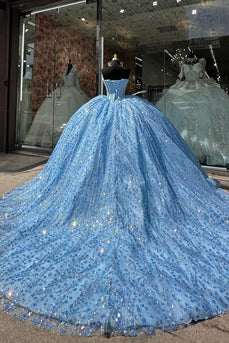 Corset Glitter Blue Strapless Beaded Quinceanera Dress with Appliques