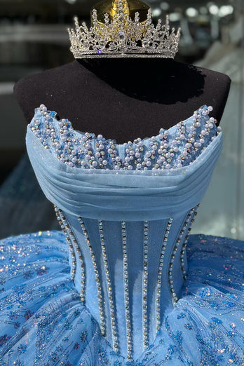 Corset Glitter Blue Strapless Beaded Quinceanera Dress with Appliques