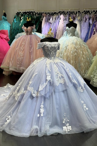Corset Grey Blue Appliques Tulle Quinceanera Dress with Off The Shoulder