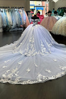 Load image into Gallery viewer, Corset Grey Blue Appliques Tulle Quinceanera Dress with Off The Shoulder