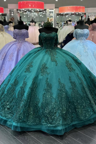 Sparkly Appliques Dark Green Off The Shoulder Quinceanera Dress with Beaded