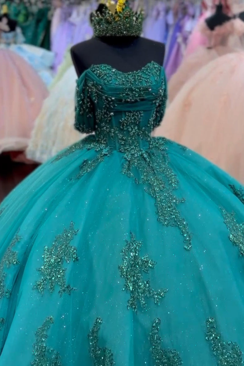 Load image into Gallery viewer, Sparkly Appliques Dark Green Off The Shoulder Quinceanera Dress with Beaded
