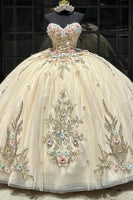 Load image into Gallery viewer, Golden Sparkly Sweetheart Beaded Floral Quinceanera Dress with Appliques