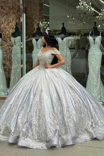 Sparkly Silver Cold Shoulder Beaded Long Ball Gown with Appliques