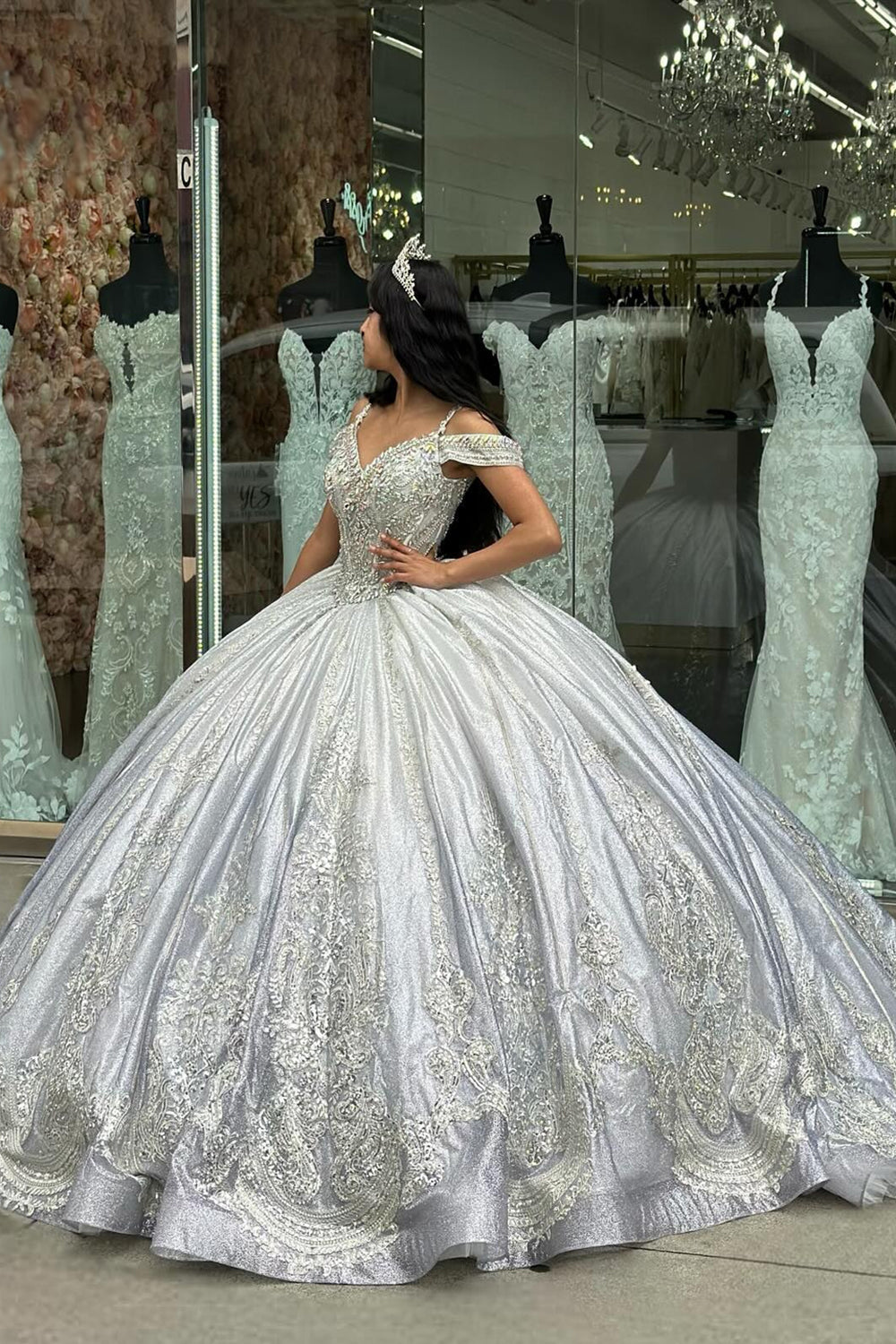 Sparkly Silver Cold Shoulder Beaded Long Ball Gown with Appliques