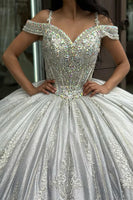 Load image into Gallery viewer, Sparkly Silver Cold Shoulder Beaded Long Ball Gown with Appliques